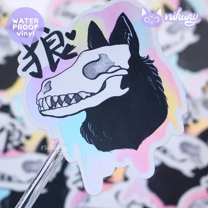 Autocollant holographique -  Rainbow Wolf Skull