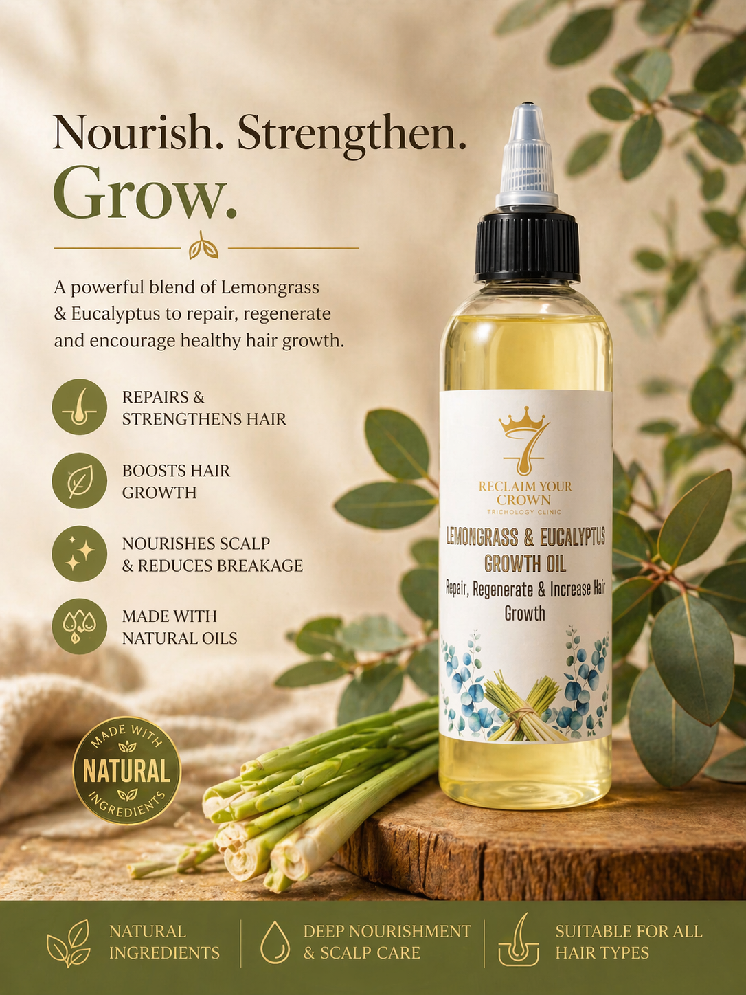 Lemongrass & Eucalyptus Growth Oil~ Repair, Regenerate & increase hair growth -4 oz