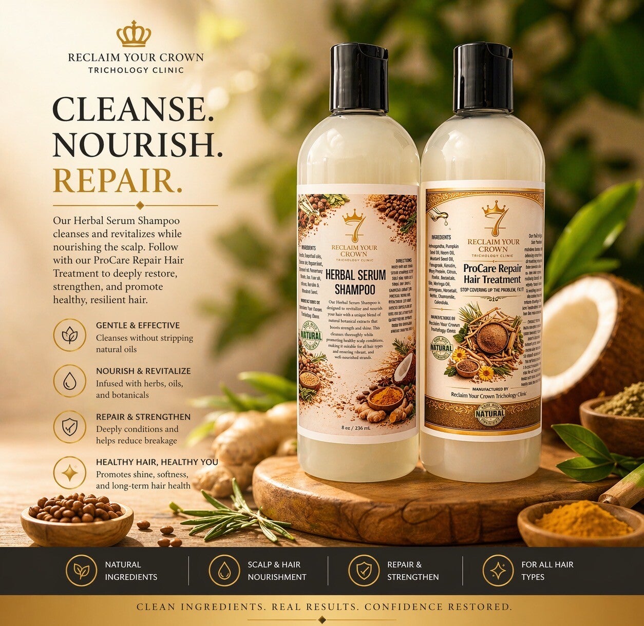 Herbal Serum Shampoo & ProCare Repair Hair Treatment Set- 8 oz