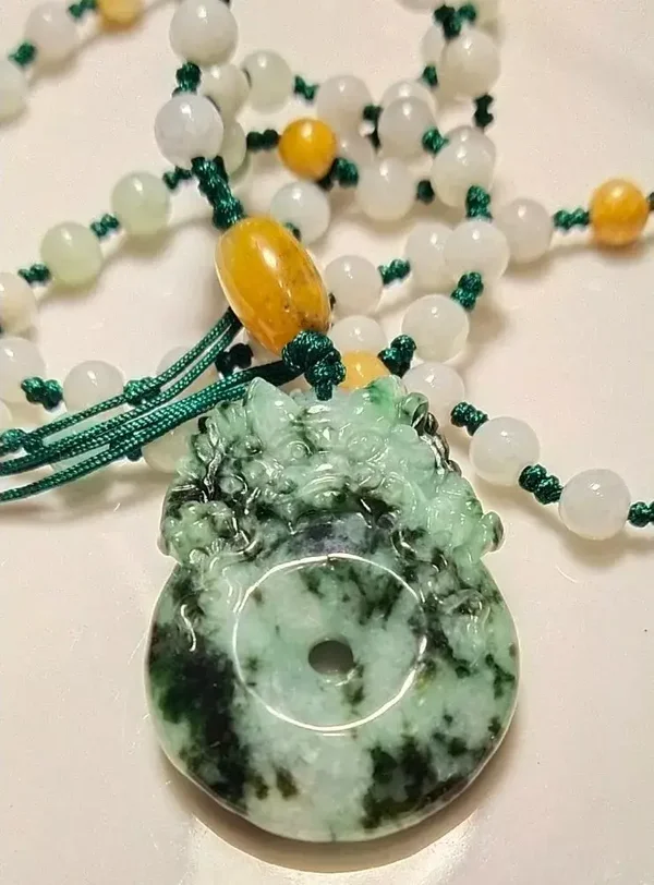 Certified Natural green Burma jadeite jade dragon donut ruyi pendant necklace