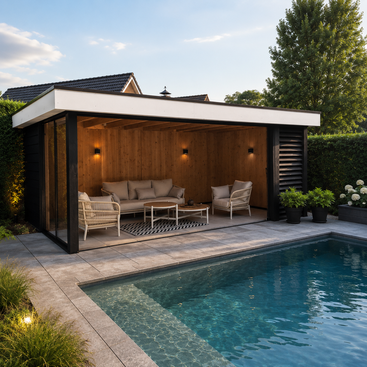 Douglas overkapping op maat in een moderne tuin