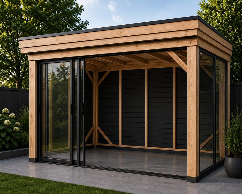 Overkapping 4x3 met glas voorzijde en zijkant zwart rabat