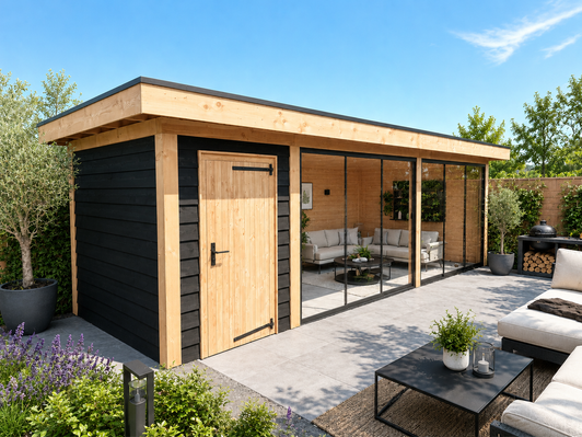 Overkapping met berging fijnbezaagd douglas hout met tuinkamer met glas