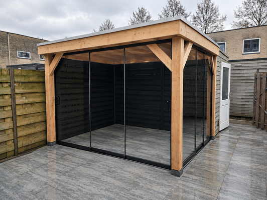 Overkapping plat dak 3x3 dubbelwandig met glazen schuifwanden