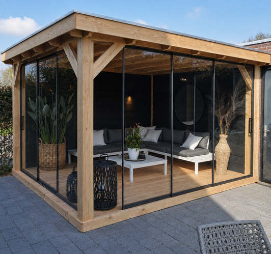 Overkapping plat dak 4x3 dubbelwandig met glazen schuifwanden