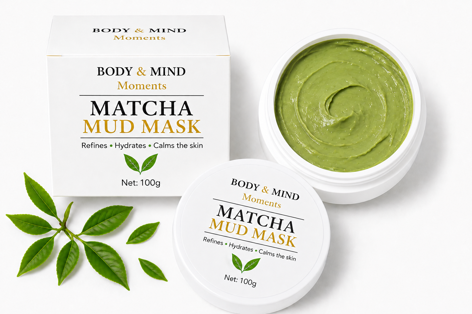 Body & Mind Moments - Matcha Moddermasker 100 ml - Detox Klei Gezichtsmasker - Hyaluronzuur - Niacinamide - Vegan - Acne huid - Hydrateren - Skincare - Onzuivere huid puistjes - Droge huid - Matcha natuurlijke huidverzorging - Moddermasker - Gezicht