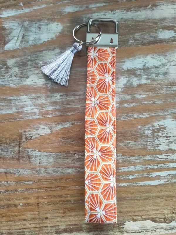 Porte-clés Tissu Bohème orange avec Pompon - Fait Main