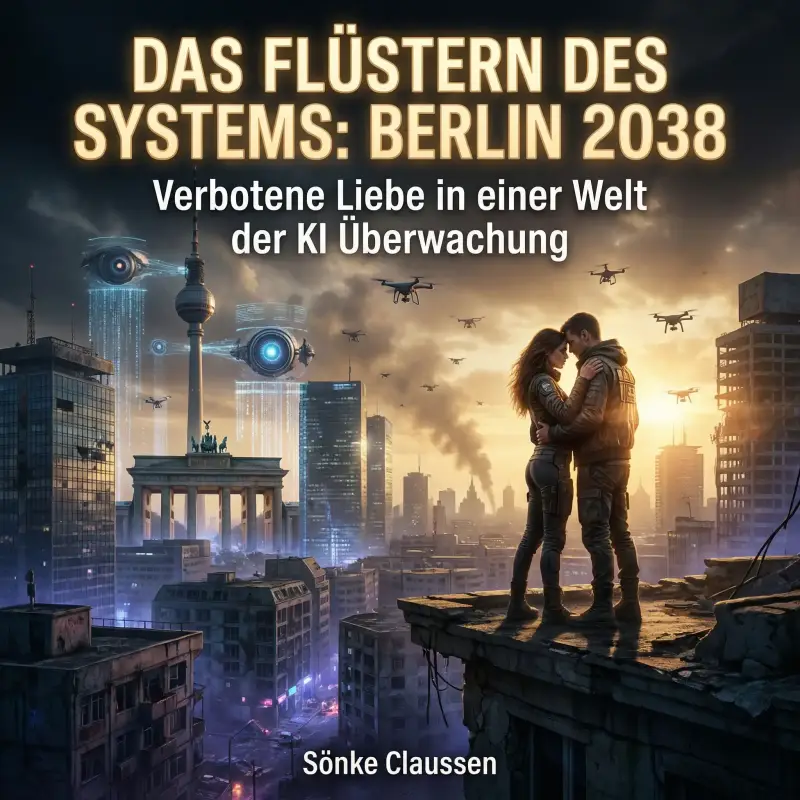„Sci-Fi Buchcover 'Berlin 2038' von Sönke Claussen. Dystopische Illustration mit Liebespaar, Drohnen und Berliner Wahrzeichen.“