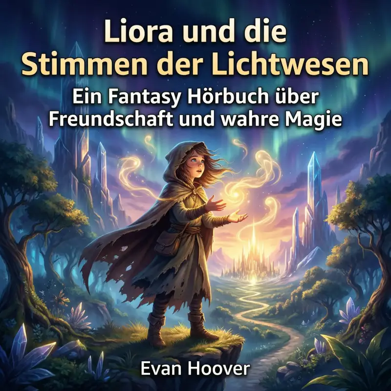 „Fantasy-Hörbuchcover 'Liora und die Stimmen der Lichtwesen' von Evan Hoover. Illustration eines Mädchens mit Lichtmagie vor einer goldenen Stadt.“