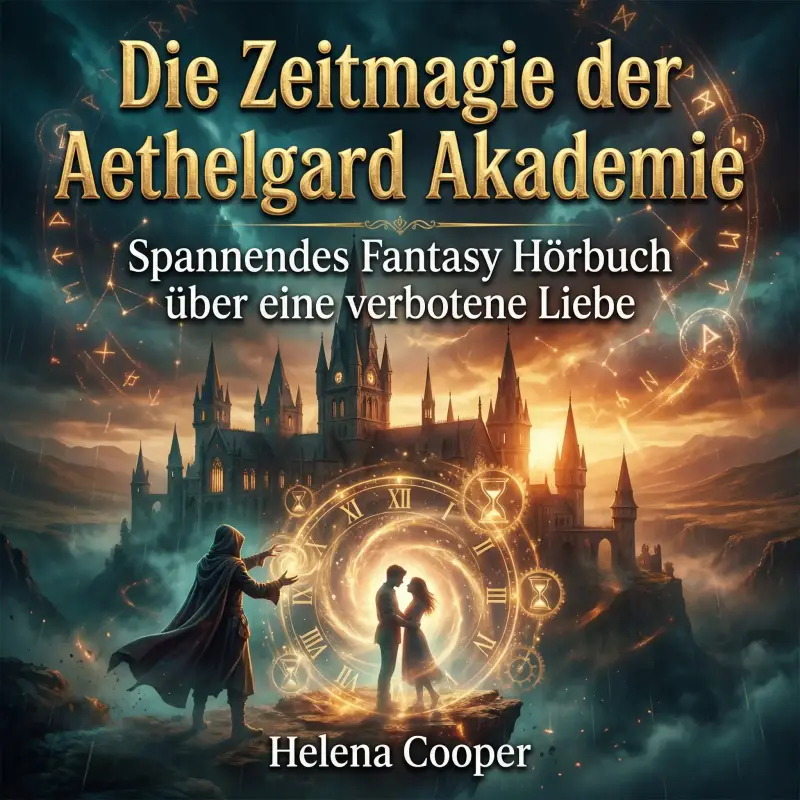 „Fantasy-Hörbuchcover 'Zeitmagie der Aethelgard Akademie' von Helena Cooper. Magier mit Zeitportal, Liebespaar und Akademie-Schloss.“