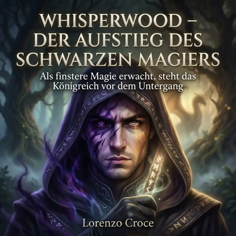 Cover des Hörbuchs „WHISPERWOOD – Der Aufstieg des schwarzen Magiers“ von Lorenzo Croce. Ein Mann in dunkler Kapuze steht in einem nebligen Wald und betrachtet blau leuchtende Magiepartikel. Dunkle, mystische Atmosphäre in Blau und Grün.