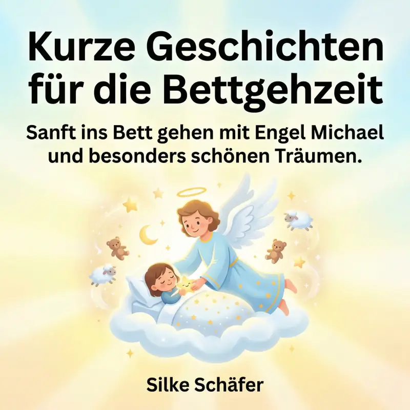 Cover des Hörbuchs „Kurze Geschichten für die Bettgezeit“ von Silke Schäfer. Ein Schutzengel wacht über ein schlafendes Kind in einem Wolkenbett, umgeben von Schafen, Teddys und Sternen. Sanfte, hellgelbe Farbstimmung.