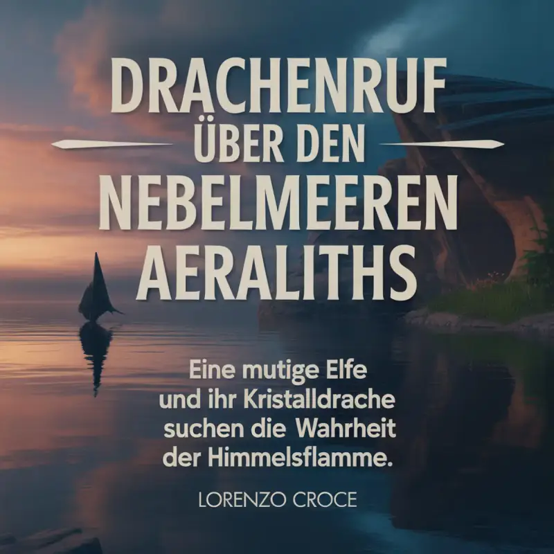 „Fantasy-Buchcover 'Drachenruf über den Nebelmeeren Aeraliths' von Lorenzo Croce. Illustration eines Segelboots auf dem Meer bei Sonnenuntergang.“