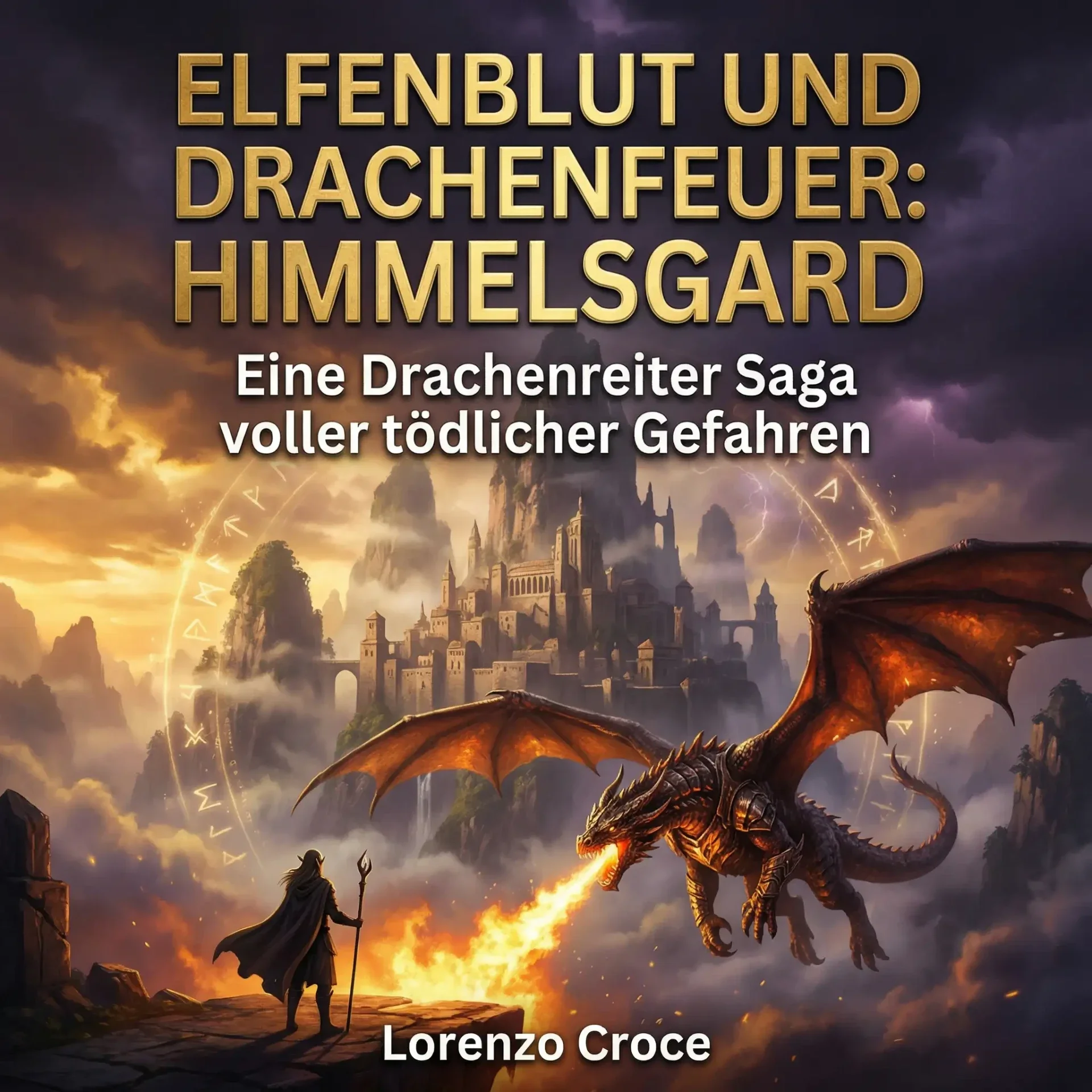 Cover des Hörbuchs „Elfenblut und Drachenfeuer: Himmelsgard“ von Lorenzo Croce. Ein gewaltiger, feuerspeiender Drache fliegt vor einer majestätischen Burgfestung, die auf steilen Felsen thront. Im Vordergrund steht ein Elfenkrieger mit Umhang und Stab auf