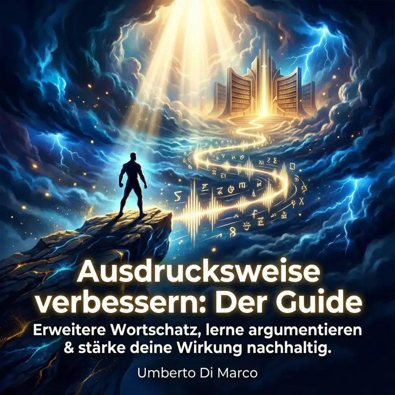 Hörbuch-Cover "Ausdrucksweise verbessern: Der Guide" von Umberto Di Marco. Eine Person auf einem Felsen blickt auf einen leuchtenden Pfad aus Buchstaben und Wellenformen, der zu einer monumentalen Bibliothek in den Wolken führt.