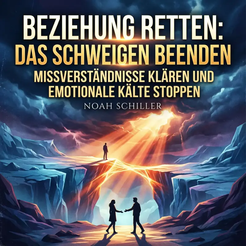 Hörbuch-Cover "Beziehung retten: Das Schweigen beenden" von Noah Schiller. Symbolische Darstellung eines Paares, das sich unter einem strahlenden Lichtbogen die Hände reicht.