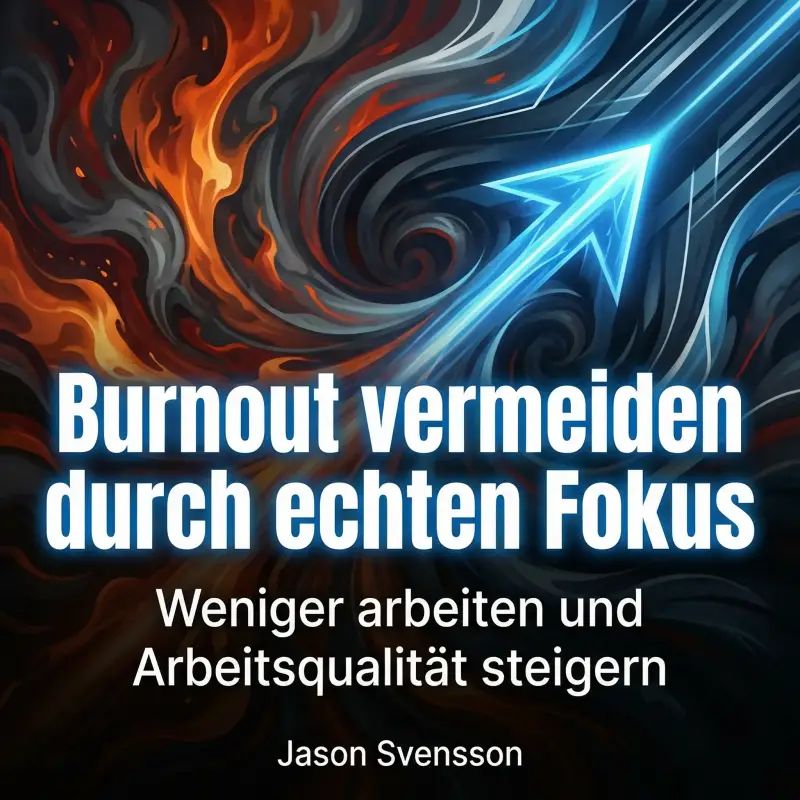 Hörbuch-Cover "Burnout vermeiden durch echten Fokus" von Jason Svensson. Abstrakte Grafik mit lodernden Flammen und einem blauen, leuchtenden Pfeil, der für Fokus und Klarheit steht.