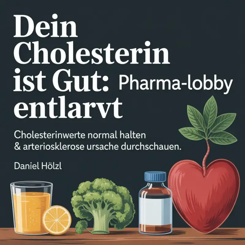 Hörbuch-Cover "Dein Cholesterin ist Gut: Pharma-Lobby entlarvt" von Daniel Hölzl. Illustration mit Brokkoli, Orangensaft, einer Medizinflasche und einem Herz mit Pflanze.