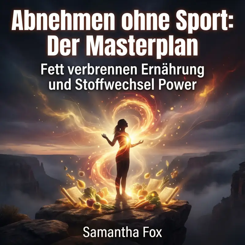 Cover des Hörbuchs „Abnehmen ohne Sport: Der Masterplan“ von Samantha Fox. Das Bild zeigt eine Frau in Nahaufnahme, die lächelnd an einem grünen Apfel riecht. Die Szene ist hell und freundlich gestaltet, mit weichem Fokus auf die frische Frucht und das Ge