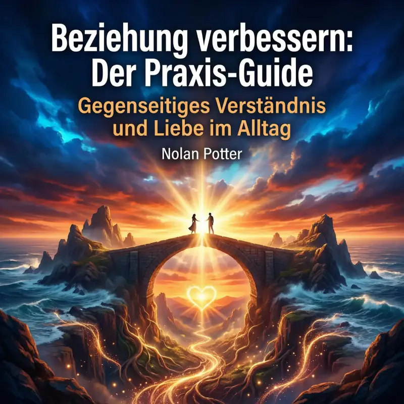 Cover des Ratgebers „Beziehung verbessern: Der Praxis-Guide“ von Nolan Potter. Das Bild zeigt ein Paar, das sich auf einer steinernen Brücke über dem Meer bei Sonnenuntergang die Hände reicht. Unter der Brücke leuchtet ein goldenes Herz, von dem strahlend