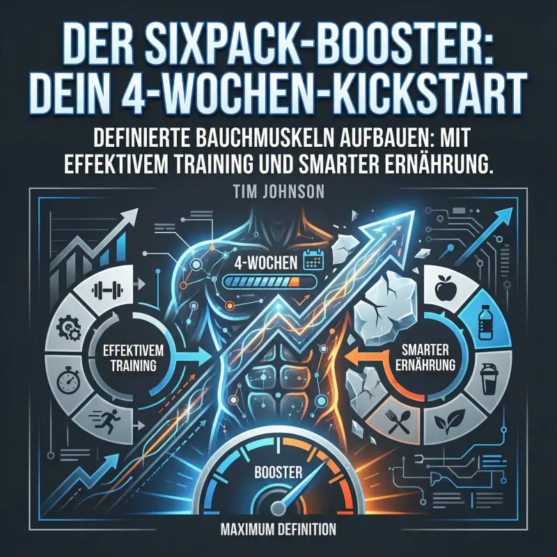 Hörbuch-Cover "Das Sixpack-Geheimnis" von James Storace. Sportliche Person mit definiertem Oberkörper vor einem dynamischen, orange-blauen Hintergrund – Symbol für Fitness und Disziplin.