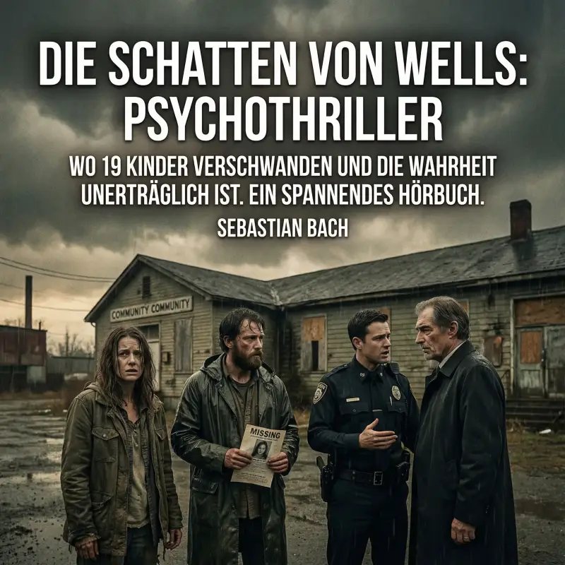 Düsteres Hörbuch-Cover im Stil eines Mystery-Thrillers: Vier Personen diskutieren an einem verlassenen, grauen Ort unter wolkenverhangenem Himmel über das Verschwinden von 19 Kindern in Wells.