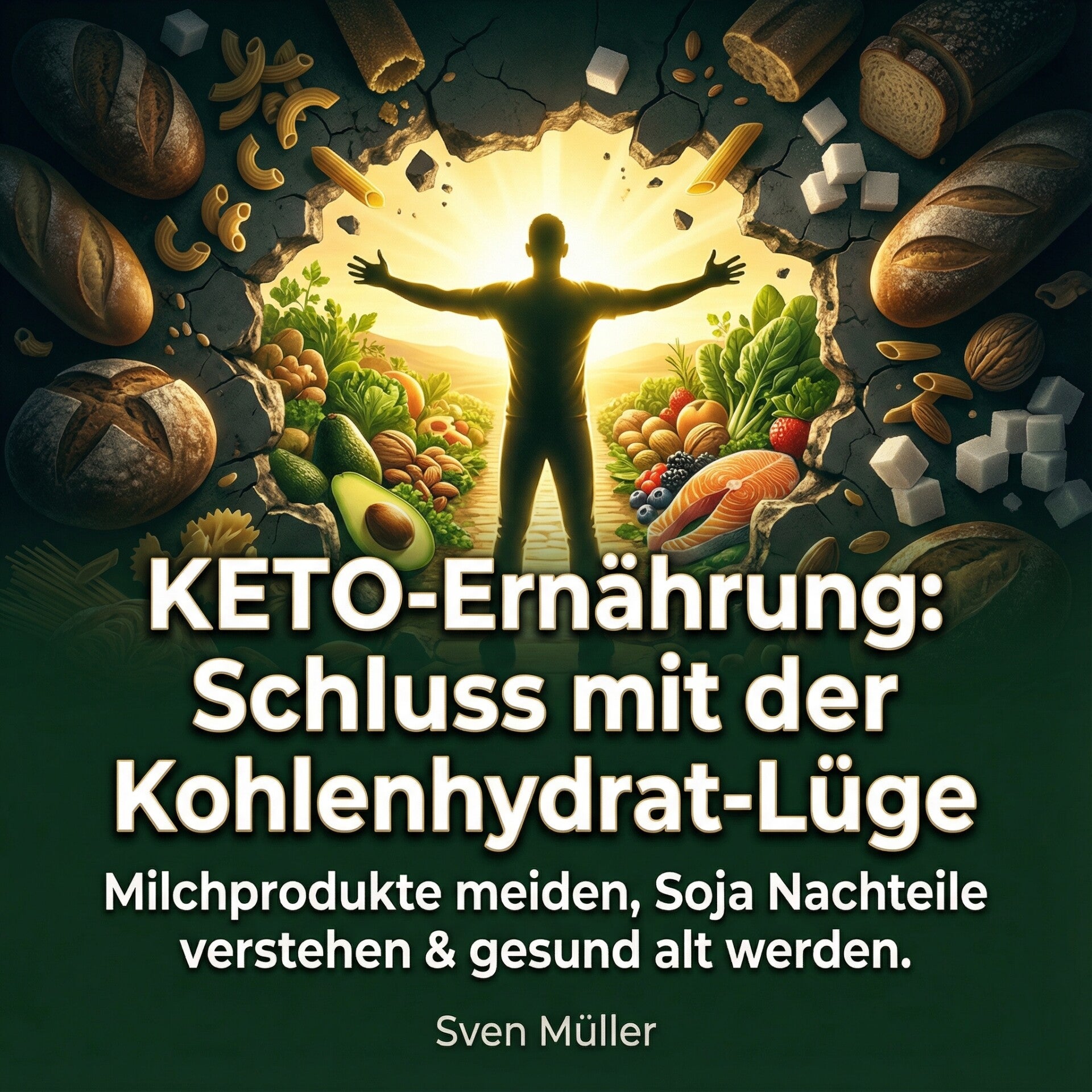 Hörbuch-Cover "KETO-Ernährung: Schluss mit der Kohlenhydrat-Lüge" von Sven Müller. Illustration eines Mannes, der einem Strudel aus Gebäck entkommt und auf frisches Gemüse, Avocado und Beeren zuläuft.