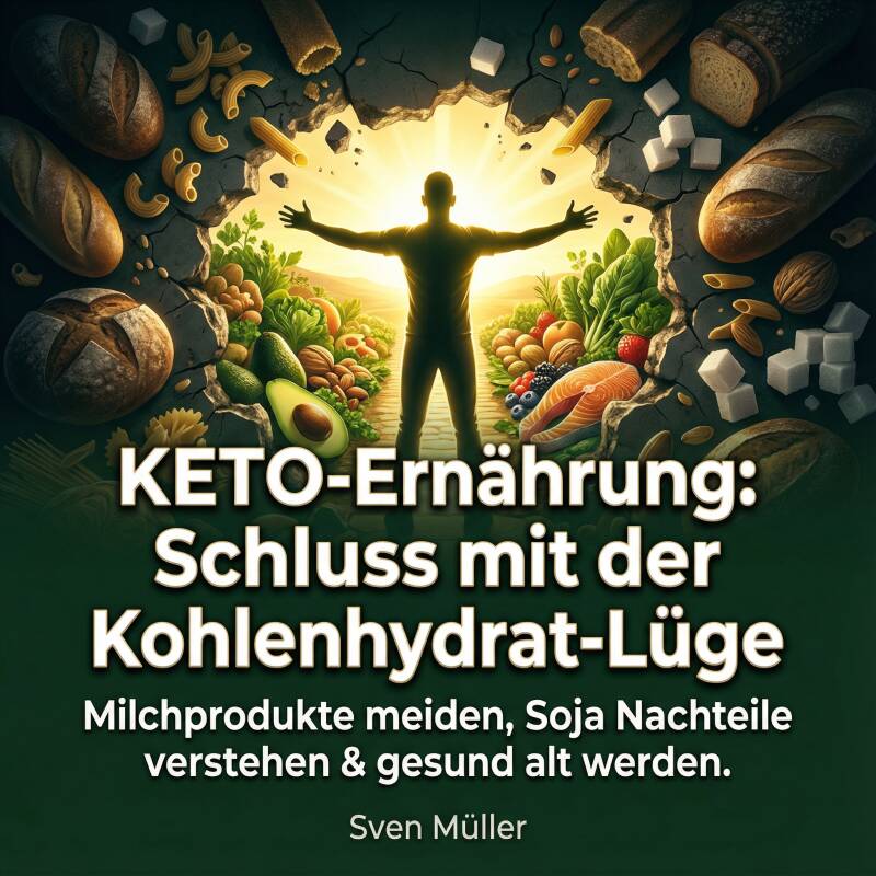 Hörbuch-Cover "KETO-Ernährung: Schluss mit der Kohlenhydrat-Lüge" von Sven Müller. Illustration eines Mannes, der einem Strudel aus Gebäck entkommt und auf frisches Gemüse, Avocado und Beeren zuläuft.