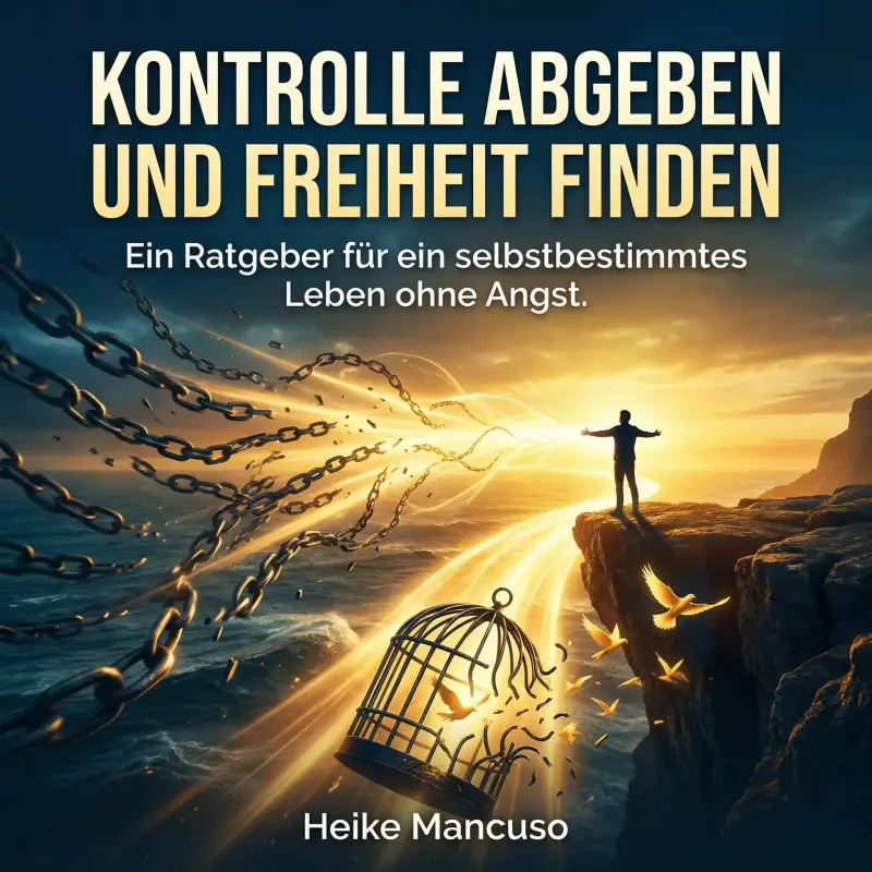 Cover des Hörbuchs „Kontrolle abgeben, Freiheit finden“ von Heike Mancuso. Eine Frau steht mit ausgebreiteten Armen auf einem Berggipfel über den Wolken und genießt den weiten Ausblick bei Sonnenuntergang. Symbol für Befreiung und Loslassen.