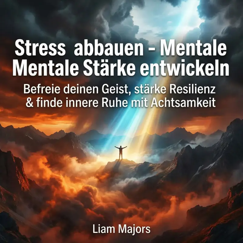 Hörbuch-Cover "Stress & Cortisol abbauen" von Lukas Bergmann. Illustration eines menschlichen Kopfes, dessen Gehirn als brennendes Labyrinth dargestellt wird, das zu einer ruhigen Berglandschaft führt.