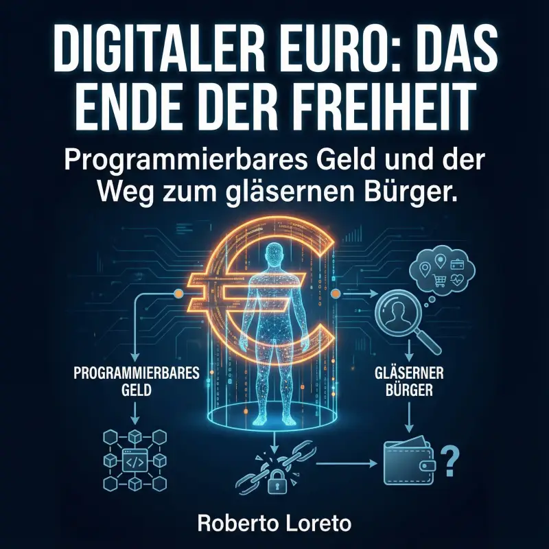 Hörbuch-Cover "Digitaler Euro: Das Ende der Freiheit" von Roberto Loreto. Infografik-Stil mit einem digitalen Euro-Symbol, einem gläsernen Bürger und Symbolen für programmierbares Geld.
