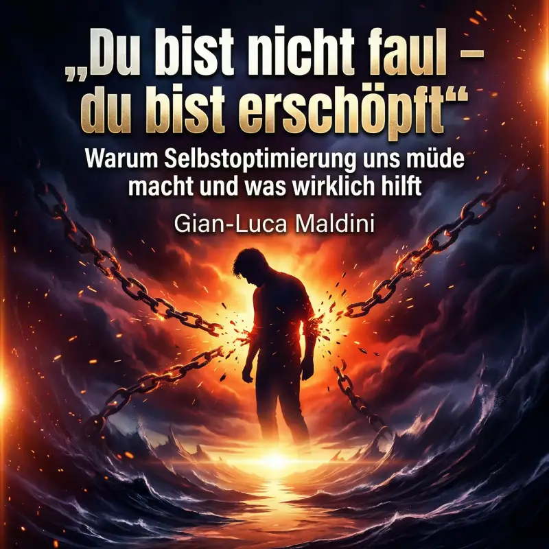 Hörbuch-Cover "Warum du so erschöpft bist: Die wahren Ursachen" von Lukas Bergmann. Illustration einer Person, die erschöpft am Tisch sitzt, umgeben von dunklen Schatten und Symbolen für Energiemangel.