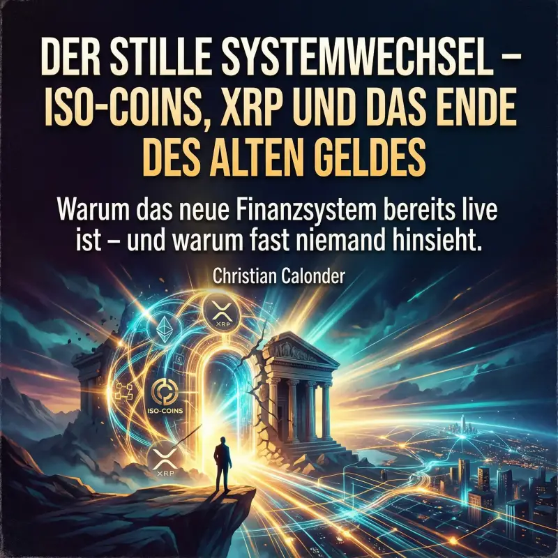 Hörbuch-Cover "Der stille Systemwechsel" von Christian Calonder. Illustriertes Portal zu neuem Finanzsystem mit XRP und ISO-Coins Symbolen über einer Stadt.