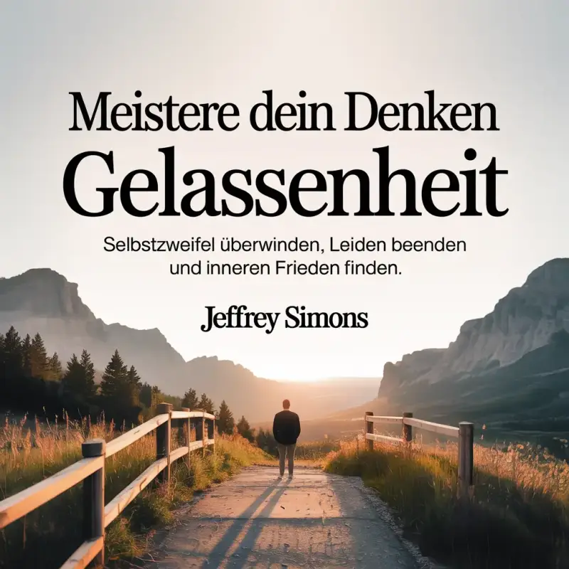 Hörbuch-Cover "Meistere dein Denken: Gelassenheit" von Jeffrey Simons. Eine Person blickt auf einem sonnigen Weg in eine Berglandschaft – Symbol für inneren Frieden und Achtsamkeit.