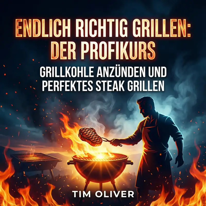 Cover des Hörbuchs „Endlich richtig grillen: Der Profikurs“ von Tim Oliver. Das Bild zeigt die dramatische Silhouette eines Grillmeisters vor einem lodernden Grillfeuer in der Dämmerung. Mit einer Grillgabel wendet er ein perfekt gebräuntes Steak über den