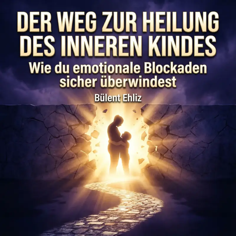 Hörbuch-Cover "Der Weg zur Heilung des inneren Kindes" von Bülent Ehliz. Silhouette einer Person, die ein Kind umarmt, vor einem hellen Lichtdurchbruch in einer Steinmauer.