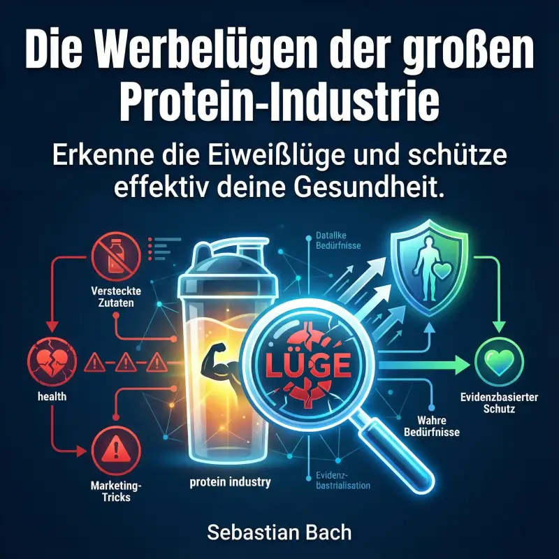 Cover des Hörbuchs „Die Werbelügen der grossen Protein-Industrie“ von Sebastian Bach. Zentral im Bild steht ein Protein-Shaker, der durch eine große Lupe mit der Aufschrift „LÜGE“ betrachtet wird. Eine komplexe Infografik verbindet Icons für versteckte Zu