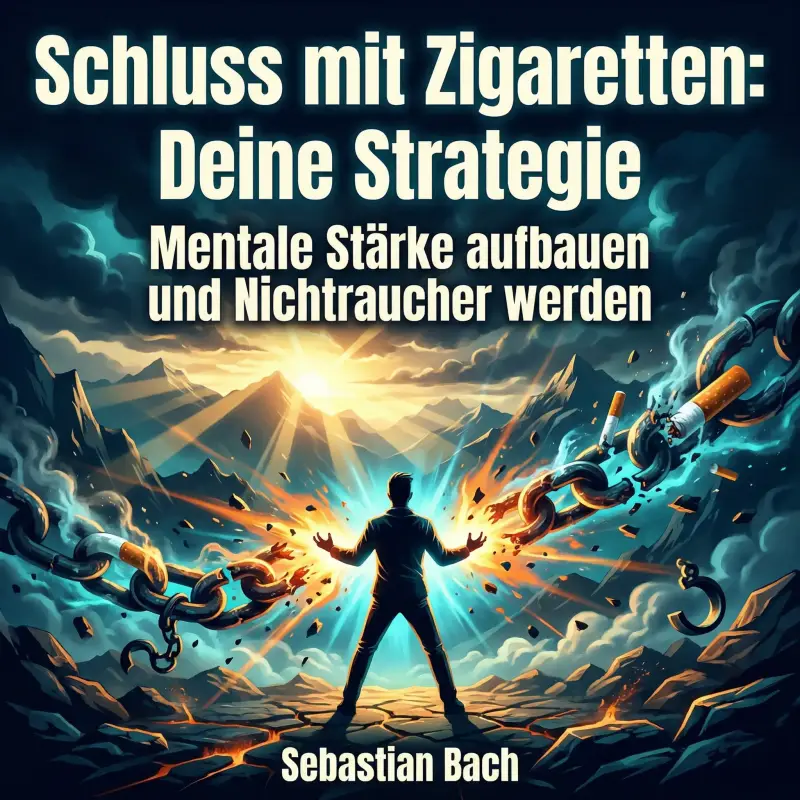 Cover des Ratgebers „Schluss mit Zigaretten: Deine Strategie“ von Sebastian Bach. Eine männliche Silhouette steht im Zentrum und sprengt mit leuchtender Energie massive Eisenketten, in denen brennende Zigaretten hängen. Im Hintergrund bricht die Sonne übe