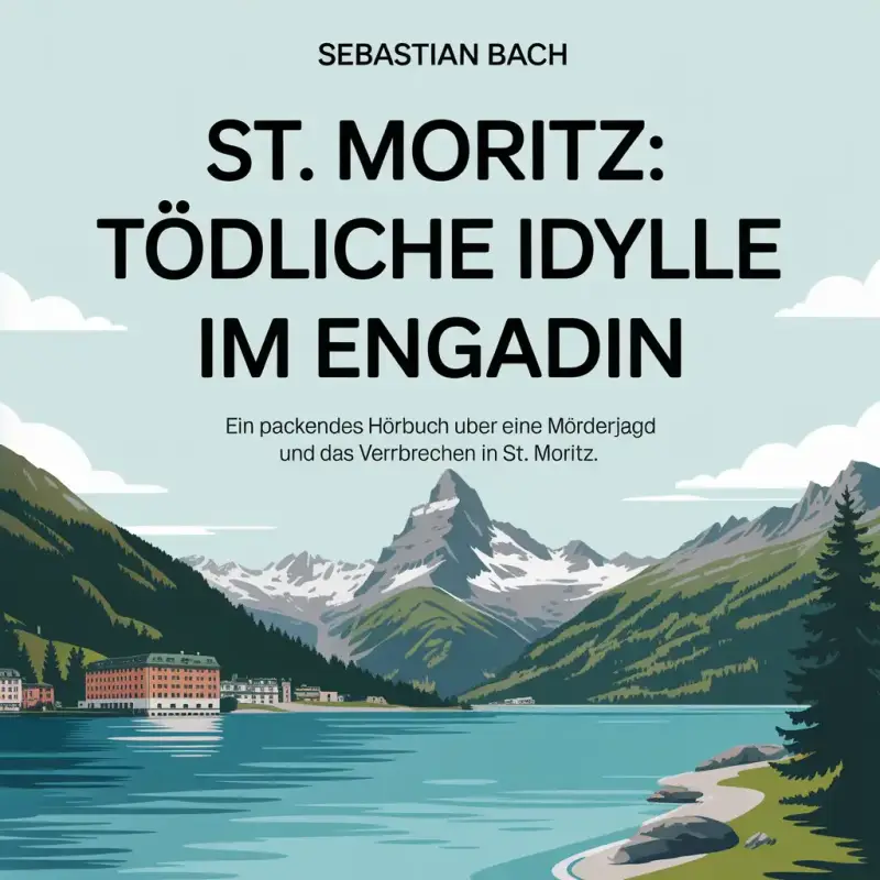 Hörbuch-Cover Krimi "St. Moritz: Tödliche Idylle im Engadin" von Sebastian Bach. Illustrierte Szene des Sees und der Berge im Engadin.
