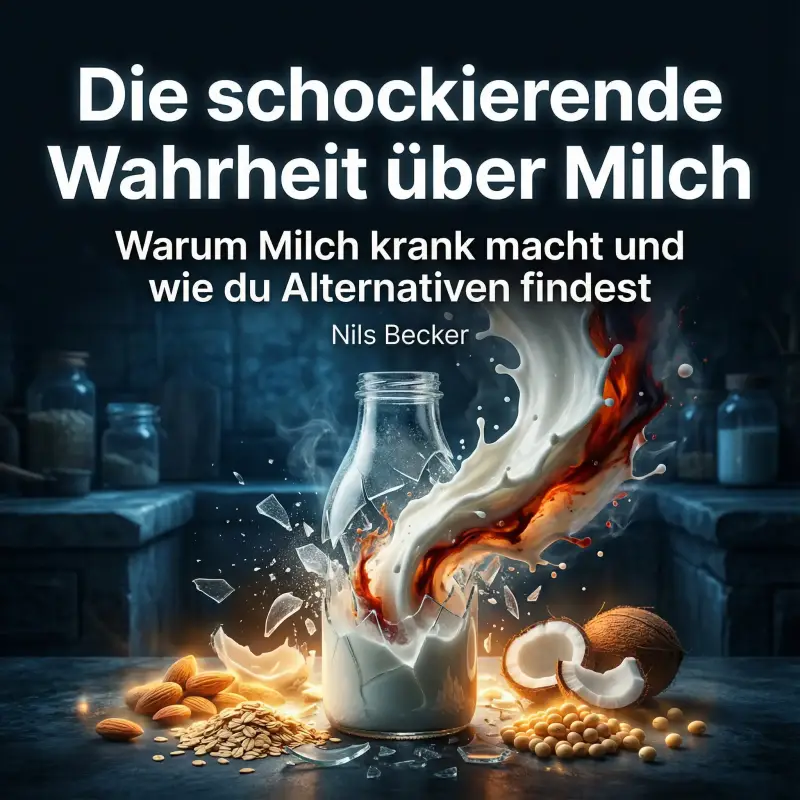 Hörbuch-Cover "Die schockierende Wahrheit über Milch" von Nils Becker. Eine zerbrechende Milchflasche mit Mandeln, Kokosnuss und Hafer als gesunde Milch-Alternativen.