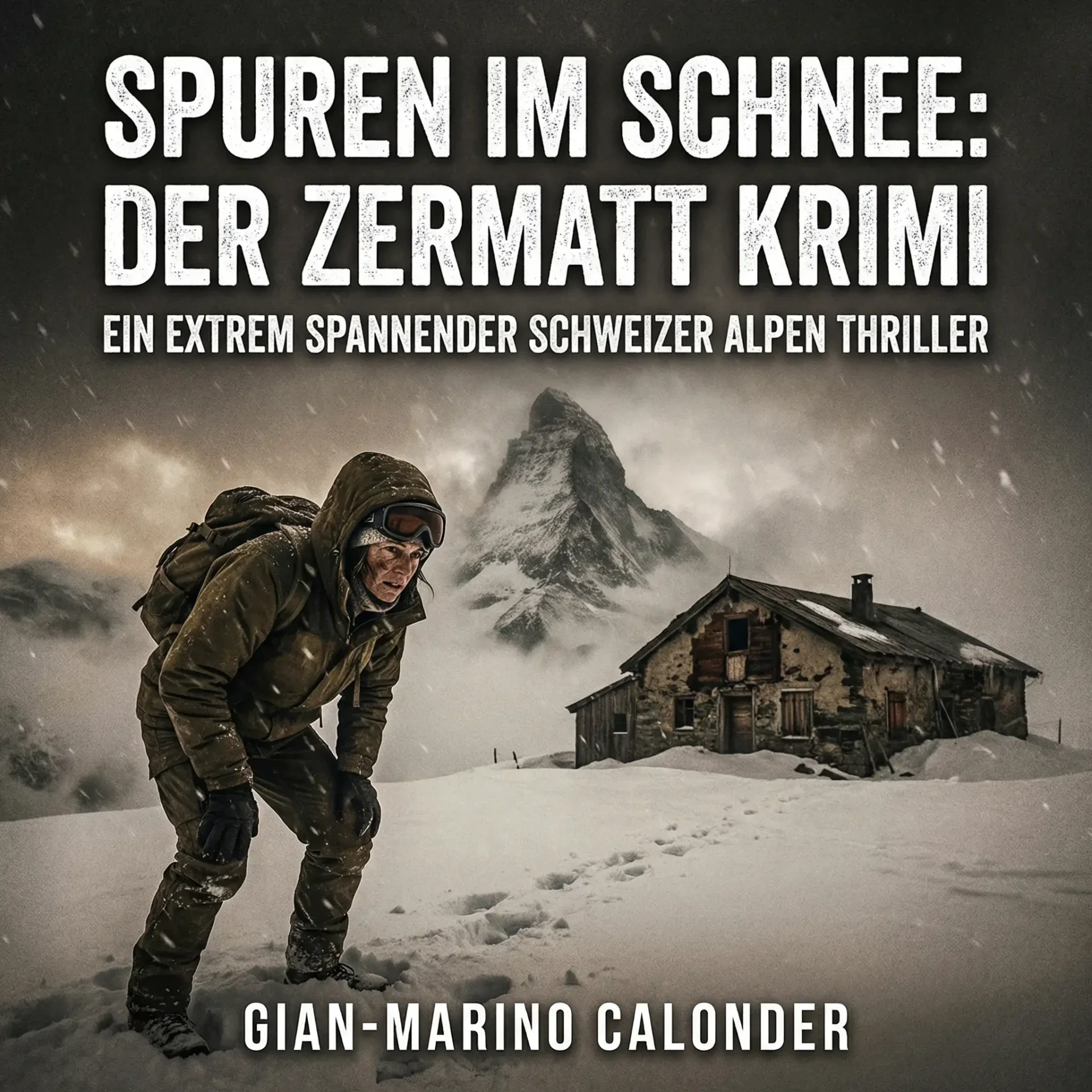 Hörbuch-Cover "Spuren im Schnee: Der Zermatt Krimi" von Gian-Marino Calonder. Spannender Alpen-Thriller mit einer Person im Schnee vor dem Matterhorn und einer Berghütte.