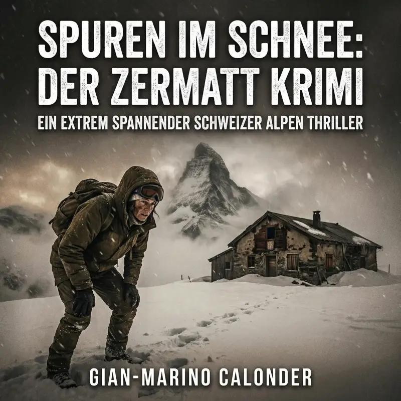 Hörbuch-Cover "Spuren im Schnee: Der Zermatt Krimi" von Gian-Marino Calonder. Spannender Alpen-Thriller mit einer Person im Schnee vor dem Matterhorn und einer Berghütte.