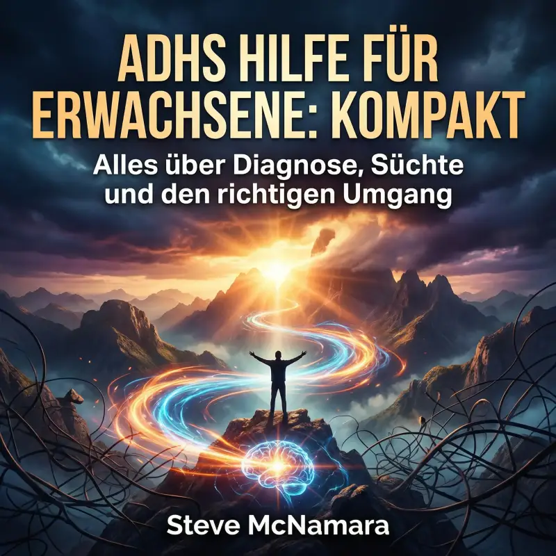„ADHS Hörbuch Steve McNamara: Gedankenkarussell stoppen, Konzentration steigern und Alltag meistern. Cover-Motiv mit Kind auf einer leuchtenden Spirale mit Raketen und Sternen.“