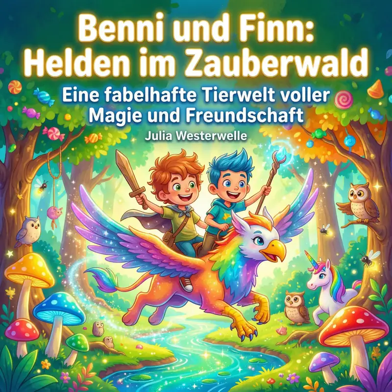 „Kinderbuch-Cover 'Benni und Finn: Helden im Zauberwald' von Julia Westerwelle. Illustration von zwei Jungen auf einem Greifen in einer bunten Fantasiewelt.“