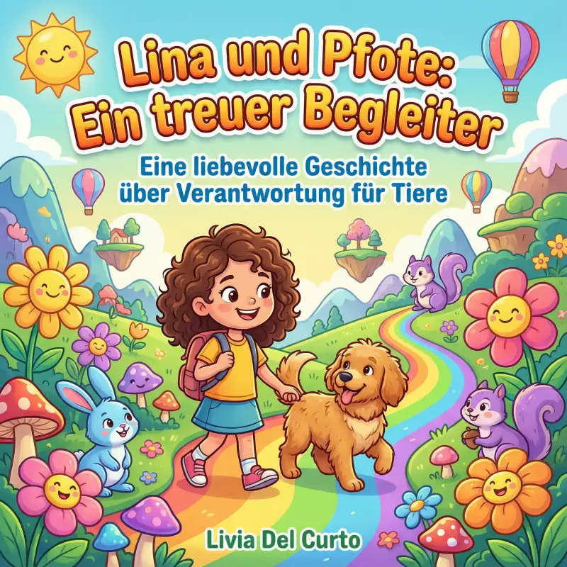 „Buchcover 'Lina und Pfote' von Livia Del Curto. Illustration eines Mädchens mit magischen Lichtgestalten im Wald.“