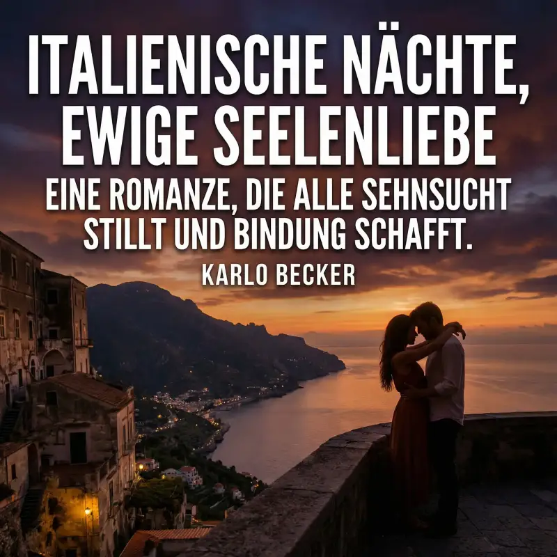„Liebesroman-Cover 'Italienische Nächte' von Karlo Becker. Illustration eines Paares an der Amalfiküste bei Sonnenuntergang.“