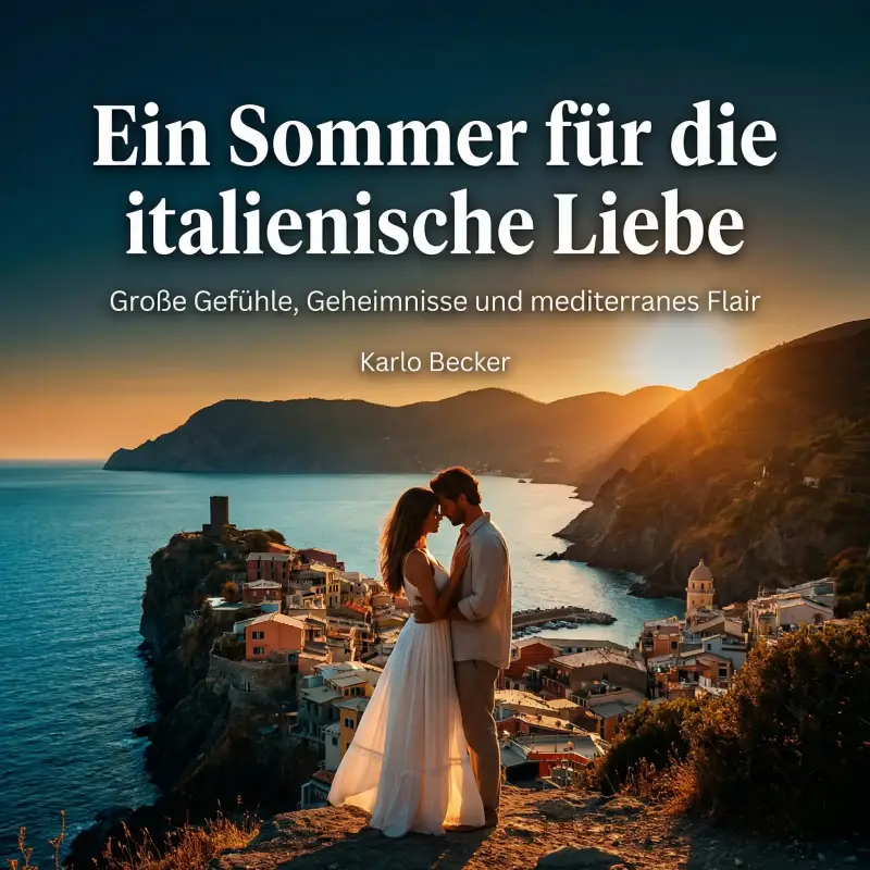 „Liebesroman-Cover 'Ein Sommer für die italienische Liebe', Karlo Becker. Romantische Illustration eines Paares in Italien bei Sonnenuntergang an der Küste.“
