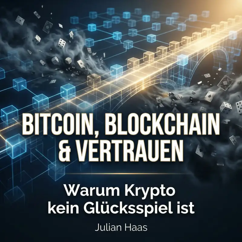 Cover des Hörbuchs „Bitcoin, Blockchain & Vertrauen: Warum Krypto kein Glücksspiel ist“ von Julian Haas. Das Design zeigt eine futuristische, leuchtende digitale Brücke aus Daten-Modulen, die über ein dunkles Meer aus wirbelnden Spielkarten und Würfeln fü
