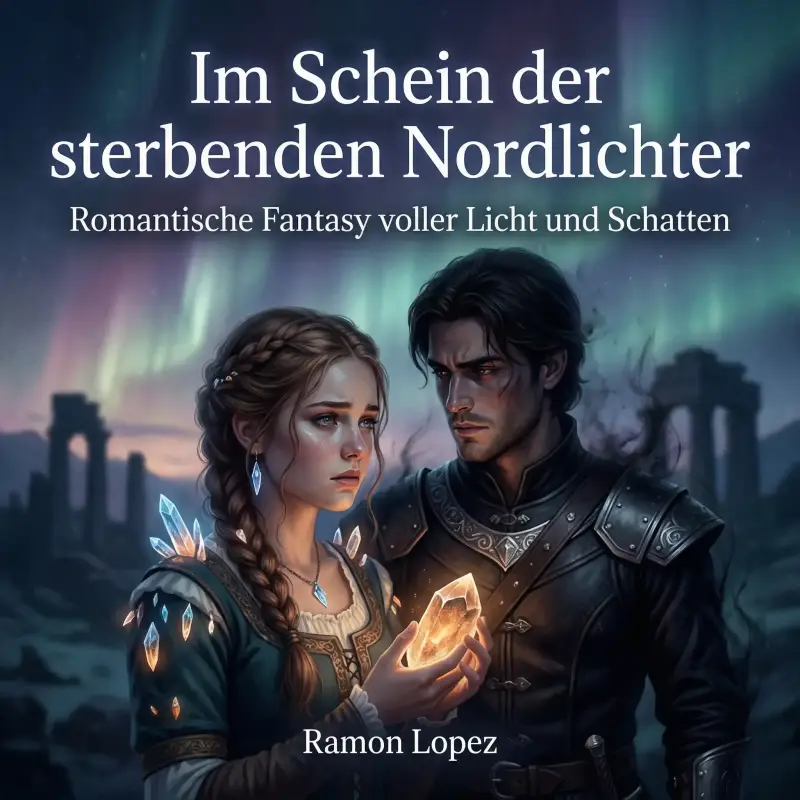 „Romantasy Buchcover 'Im Schein der sterbenden Nordlichter' von Ramon Lopez. Illustration eines Paares mit magischen Licht- und Schattenkräften vor einer Aurora.“