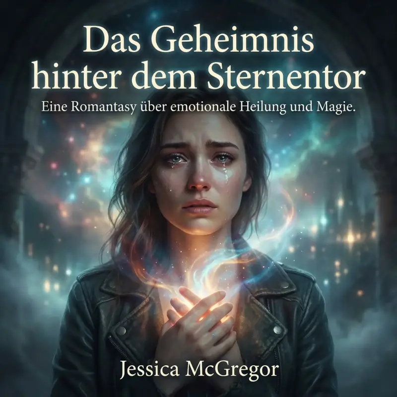 Cover des Hörbuchs „Das Geheimnis hinter dem Sternentor“ von Jessica McGregor. Eine junge Frau mit Tränen in den Augen blickt emotional berührt nach vorne. Ihre Hände liegen auf ihrer Brust, von denen ein helles, magisches Leuchten ausgeht. Im Hintergrund